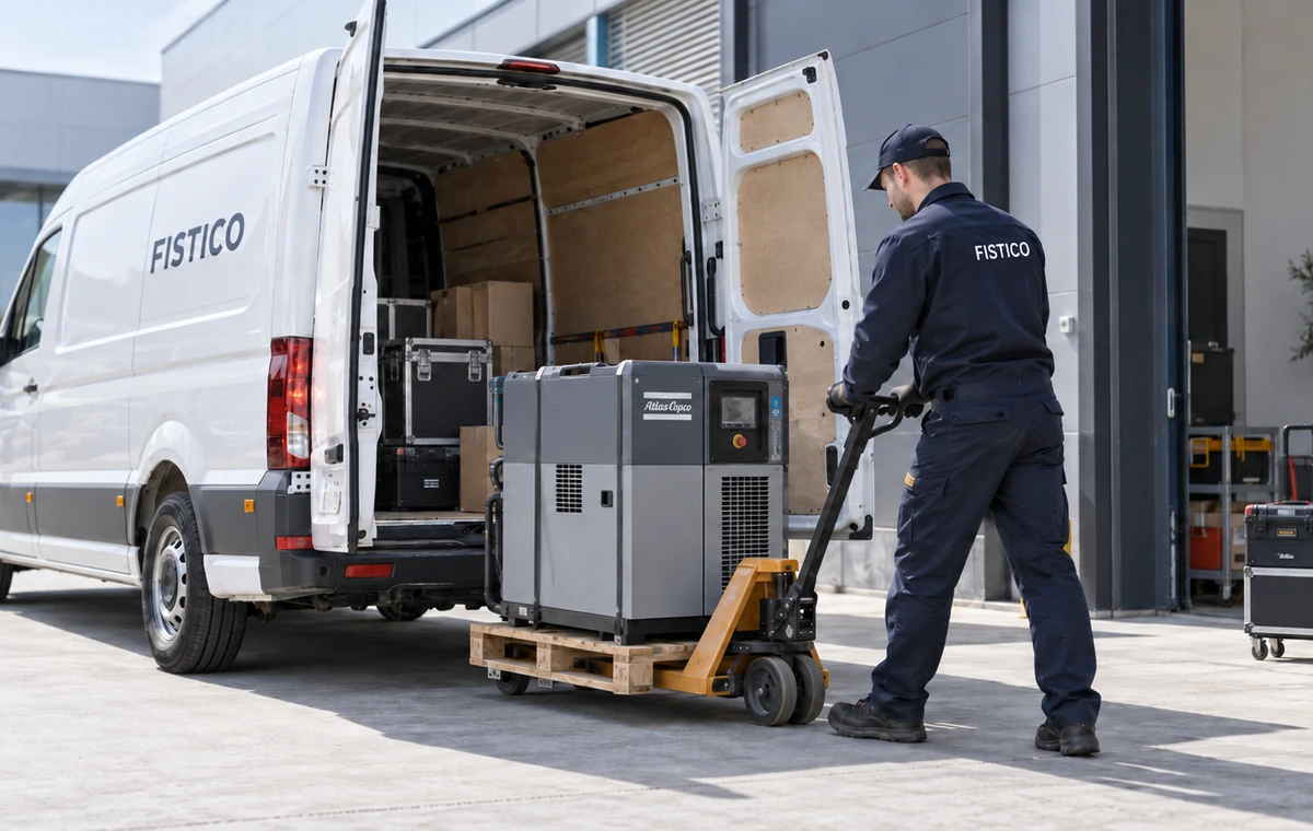 Tehnička oprema i manji stroj za kombi prijevoz ispred skladišta